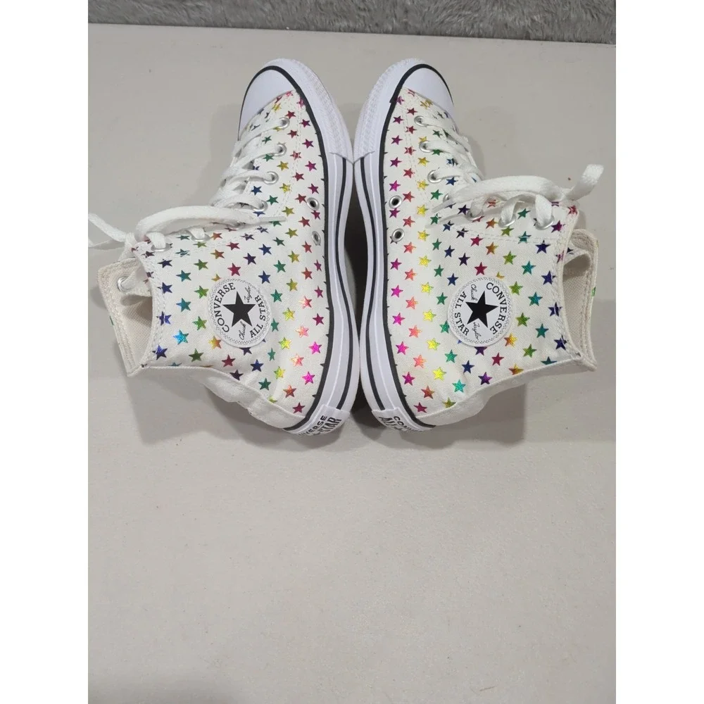Converse Chuck Taylor All Star Hi Top White Rainbow Stars Shoes Kids 6 Women 8